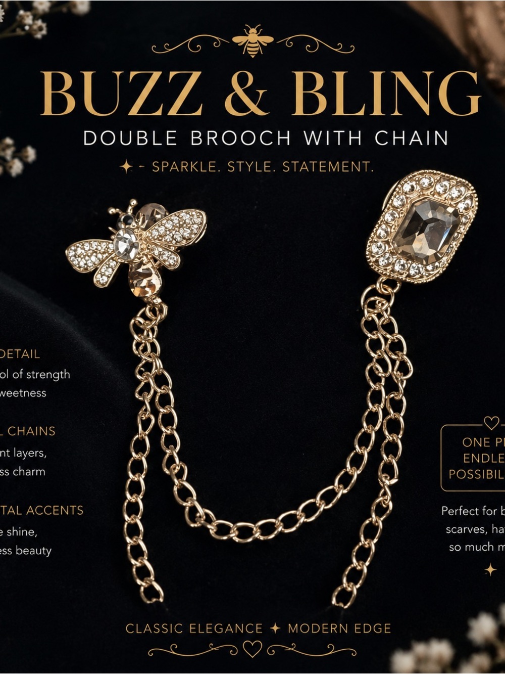 Gold Double Brooch with Chain